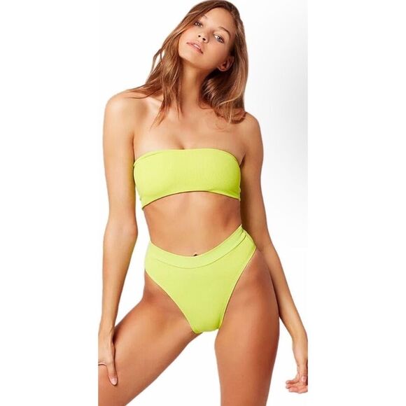L*SPACE Frenchi Bottom Bitsy Cut High Waist Bikini Ribbed Acid Green Large New - Picture 1 of 10